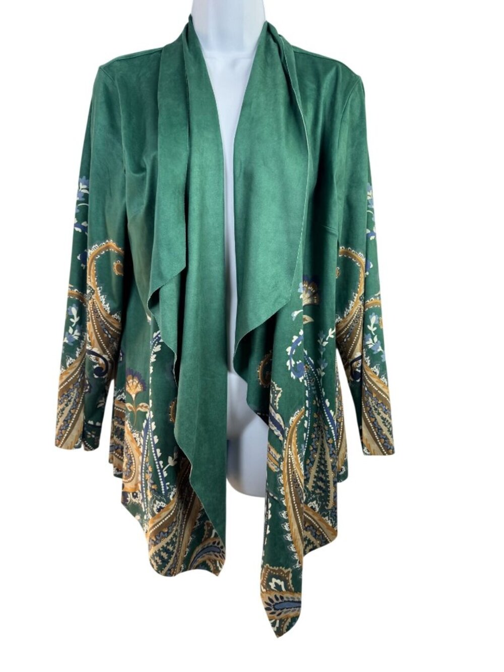 NEW Soft Surroundings Green beige Paisley Open Front Cardigan Medium Waterfall